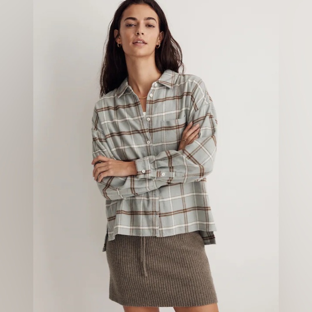 MWT Madewell Flannel Long-Sleeve Boxy Shirt Medium -  Frosted Sage Green Plaid